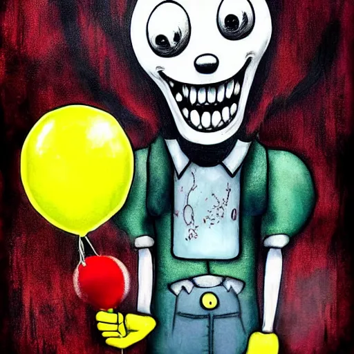 Image similar to grunge painting of spongebob with a wide smile and a red balloon by chris leib, loony toons style, pennywise style, corpse bride style, horror theme, detailed, elegant, intricate