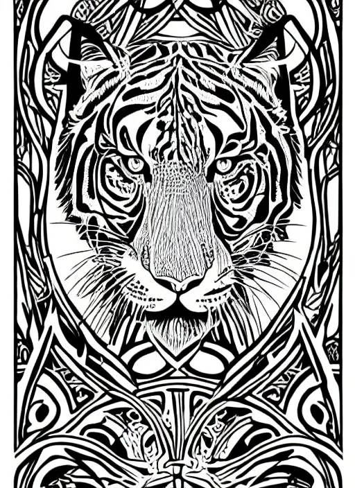 Image similar to wild tiger, black and white illustration, art nouveau, highly detailed, clean line art, tarot card style