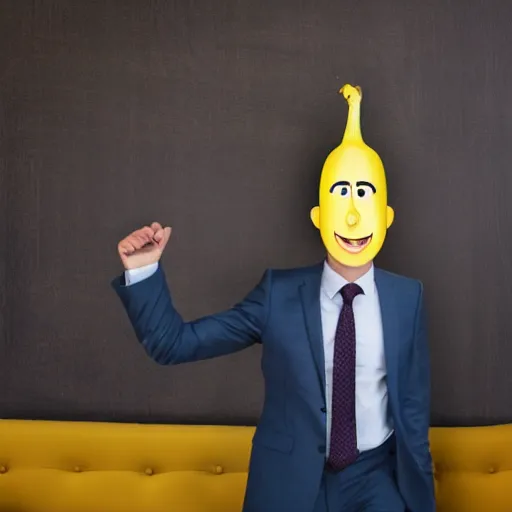 Image similar to a person with a banana head wearing a business suit