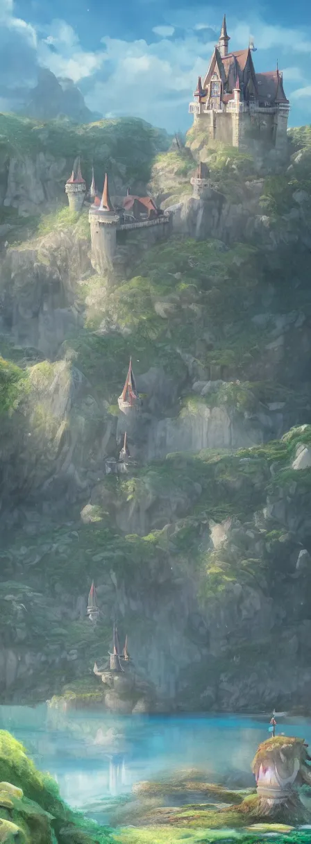 Image similar to a painting of a castle in the middle of a body of water, a detailed matte painting by hayao miyazaki, cgsociety, fantasy art, anime aesthetic, official art, anime