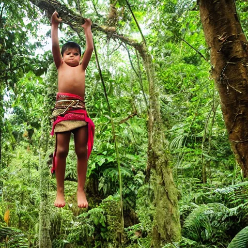 Image similar to A photograph of a young boy swinging from a lian wearing a Loincloth, ragged shirt in a rain forest