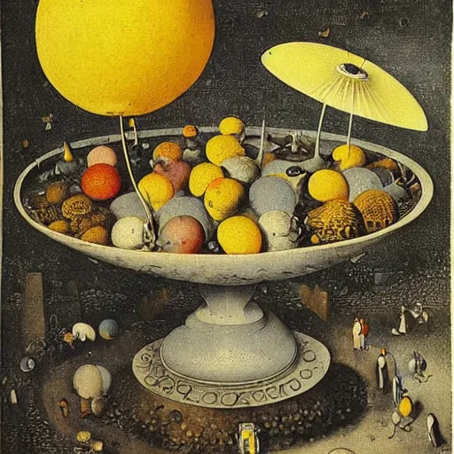 Image similar to fractal vintage alien valley disk quail uth urn lemon, by pieter bruegel the elder and banksy and yves klein, an art deco, detailed painting, rococo