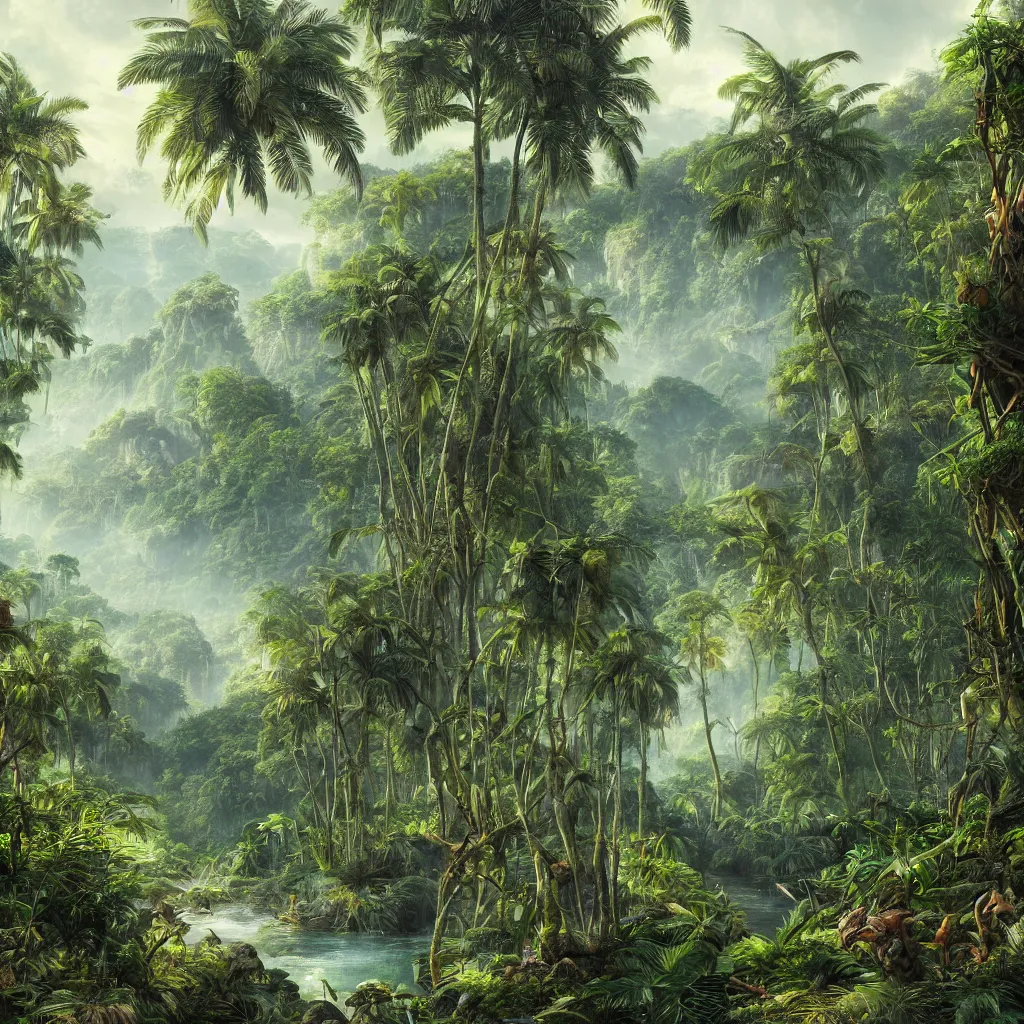 Image similar to painting of a jungle scene on an alien planet by vincent bons. ultra sharp high quality digital render. detailed. beautiful landscape. weird vegetation. water.