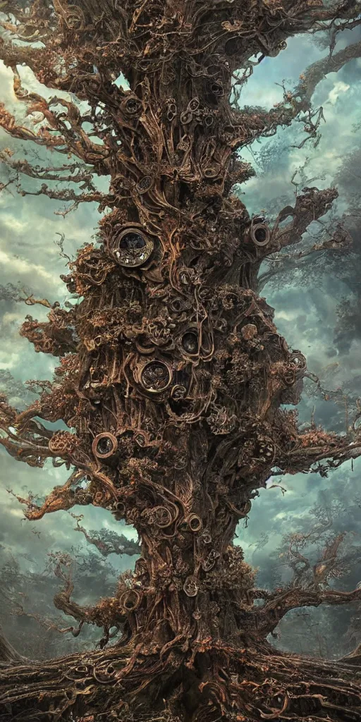 Prompt: a giant tree with many temples built onto its branches, machine parts,, wires, circuits, highly detailed, octane render, cinematic, ayami kojima, karol bak, greg hildebrandt, and mark brooks, hauntingly surreal, gothic, highly detailed and intricate, rich deep colors, 8 k.