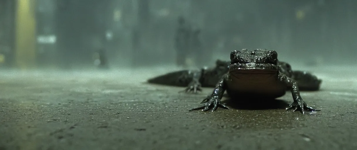 Prompt: Close up of a lone happy Lepidobatrachus laevis sitting on the floor and facing the camera in a still from the movie Blade Runner (1982), high quality, rain, rain drops, cold neon lighting, 4k, night, award winning photo, beautiful, cute