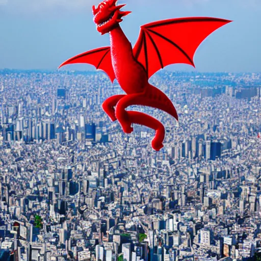 Image similar to tiny cute red dragons flying in the skies of tokyo