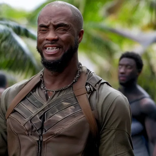 Image similar to cinematic still of kirk lazarus from tropic thunder as black panther