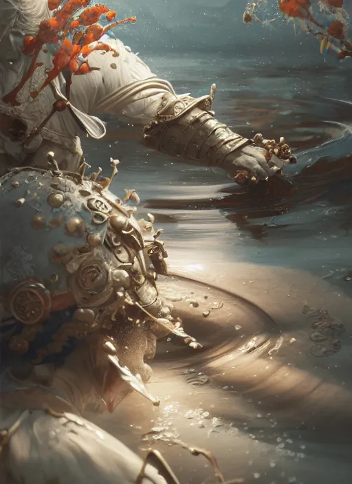 Image similar to subsurface scattering, white, koi, samurai with scale armor and plumes, by jesper ejsing, justin gerard, tomasz alen kopera, cgsociety and fenghua zhong, highly detailed, rim light, cinematic lighting, illustration, art, octane render, very coherent, cinematic, hyper realism, high detail, octane render, 8 k