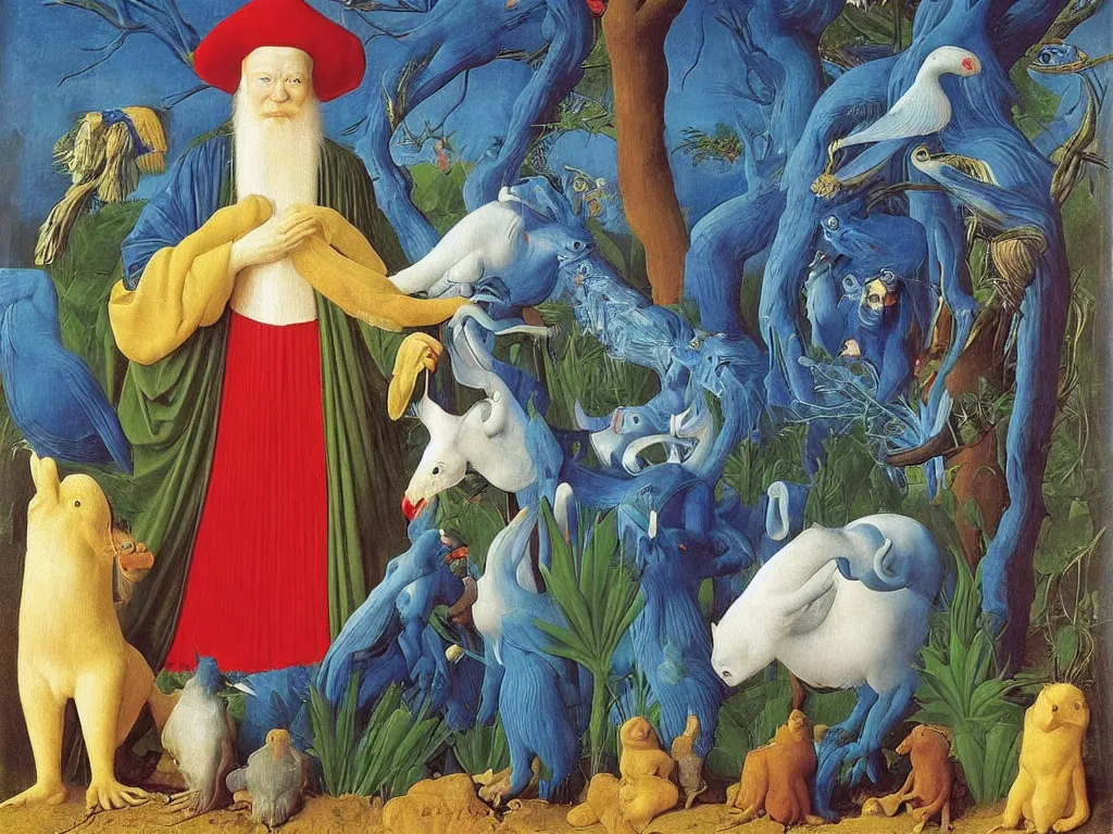 Prompt: Portrait of albino mystic with blue eyes, with exotic beautiful megafauna. Painting by Jan van Eyck, Audubon, Rene Magritte, Agnes Pelton, Max Ernst, Walton Ford