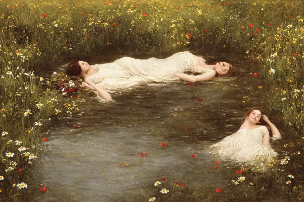 Prompt: Beautiful woman lying horizontal in a dark water stream. Flowers in hand. Golden brown dress, light dark long hair. Apathetic, pale, dead but beautiful. Poppies, daisies, pansies. Most accurate and elaborate studies of nature ever made. The background Hogsmill river in Surrey, rich Forest, dark, wood, bushes. Naturalistic. Painting by John Everett Millais.