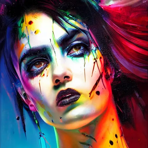 Prompt: cyberpunk goddess, black hair, side portrait, striking, defiant, angry, spotlight, vibrant colors, paint splash, beautiful eyes, by marco paludet and gianni strino and marion bolognesi