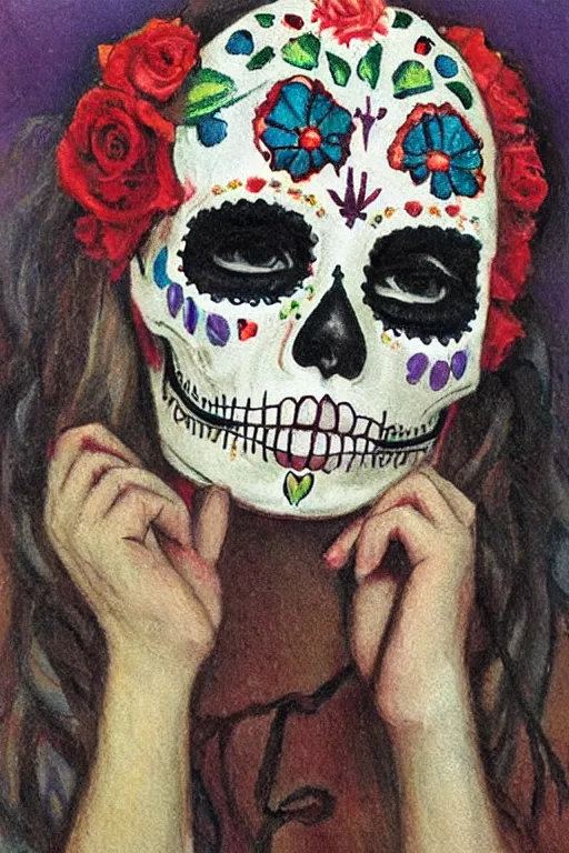 Image similar to Illustration of a sugar skull day of the dead girl, art by daniel garber