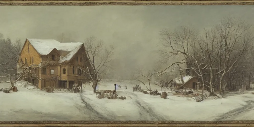 Image similar to a house in construction during a severe winter, by george henry durrie