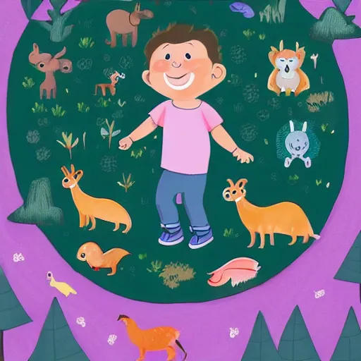 Image similar to a beautiful illustration of a little cute boy smiling in a forest and different animals circle around him, digital art