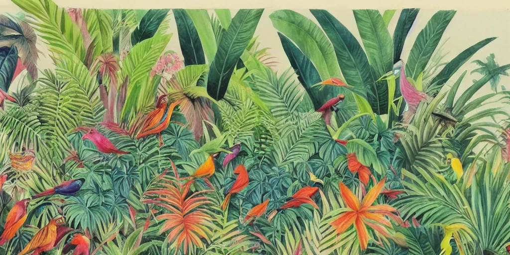 Image similar to watercolour of a tropical scenery of a jungle with multicoloured birds and plants. detailed. beautiful. stunning. high art. h 7 6 8