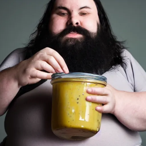 Image similar to obese 20 year old with messy black hair and big beard drinking mayonnaise from the jar