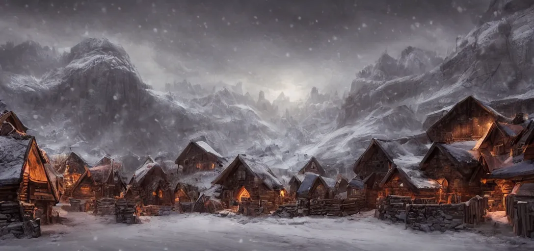 Image similar to mountain village with wooden viking houses in the snow, blizzard, landscape, raphael lacoste, eddie mendoza, alex ross, concept art, matte painting, highly detailed, rule of thirds, dynamic lighting, cinematic, detailed, denoised, centerd