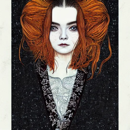 Prompt: professional painting of Elle Fanning in the style of Takato Yamamoto, head and shoulders portrait, symmetrical facial features, smooth, sharp focus, illustration, intricate, stormy weather, extremely detailed masterpiece,