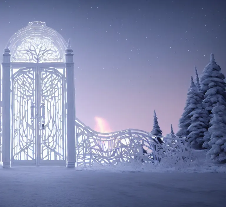 Prompt: a very detailed concept art of intricate and minimalistic white gates to aurora borealis, trending on artstation, symmetry, digital art, 4 k, hyper realistic, octane render, sharp focus