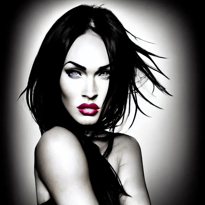 Prompt: photography face portrait of a beautiful woman like megan fox, black and white photography portrait with beautifull oil vivid color painted strokes on top, skin grain detail, high fashion, studio lighting film noir style photography, by nobuyo araki, richard avedon, and paolo roversi, nick knight, hellmut newton,, on a tropical wallpaper exotic patern background
