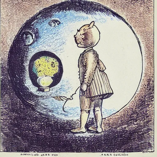 Prompt: dan morris celestial thinking moon portrait, surrounded by clouds, illustrated by peggy fortnum and beatrix potter and sir john tenniel