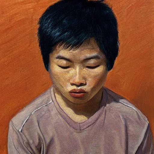 Image similar to detailed portrait of a modern, young confident southeast asian american young man, large eyes, round cheeks, tanned skin, medium length hair in the style of lucian freud, francis bacon, john chamberlain, willem de kooning, andreas franke, jean giraud, rob gonsalves, james gurney, james jean, ruan jia, gustav klimt