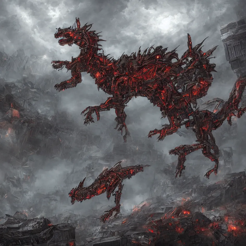 Image similar to high quality art of a giant mechanized dragon in an apocalyptic future, made of solid armored plates throughout the body, having 4 limbs and 4 talons on each foot, and glowing fiery red eyes, climbing over a destroyed building in a hazy radioactive atmosphere, roaring with an epic pose into the air as the building crumbles under the weight. furaffinity, deviantart, artstation, high quality