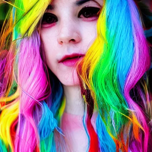 Image similar to little bird, human hair, rainbow colored hair