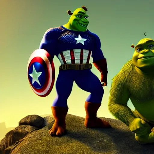 Image similar to digital painting of Shrek as Captain America, octane render, volumetric lightening, by marvel