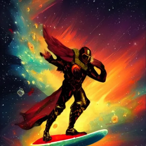 Prompt: armored sorcerer surfing on a nebula, rich epic dynamic artwork