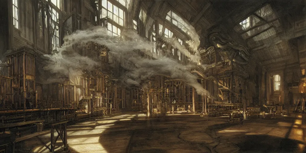 Prompt: interior, pipe organ factory, fantasy, 19th century, ghostly smoke, highly detailed, Artstation, oil on canvas painting by caravaggio and alan lee and john howe