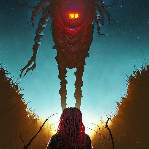 Prompt: giant creature lurking over a beautiful woman, epic science fiction horror by simon stalenhag and mark brooks, extremely detailed