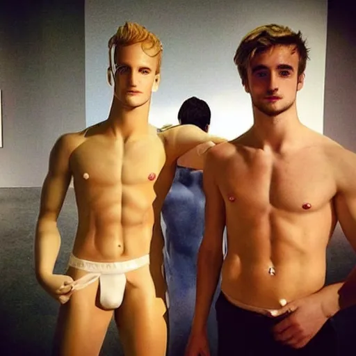 Image similar to “a realistic detailed photo of a guy who is an attractive humanoid who is half robot and half humanoid, who is a male android, British diver Jack Laugher & Chris Mears, shiny skin, posing like a statue, blank stare, at the museum, on display”