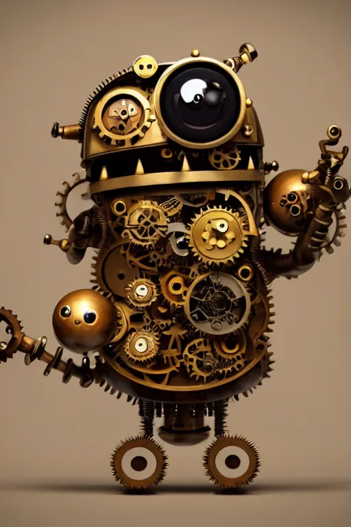 Prompt: a tiny cute steampunk monster with cogs and screws and big eyes smiling and waving, isolated on white background, 3d occlusion, ultra hd, character design by Hayao Miyazaki and dave mckean, unreal 5, vray render, cinematic lighting, vibrancy
