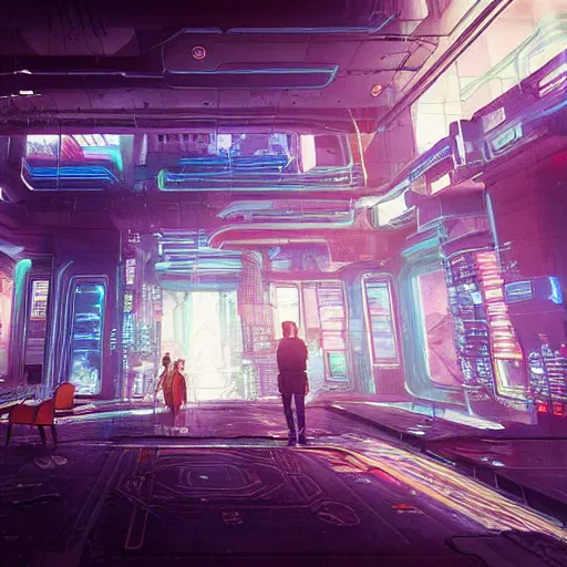 Prompt: “Interior of a Cyberpunk Netrunner Lair , hyper realistic, unreal engine”