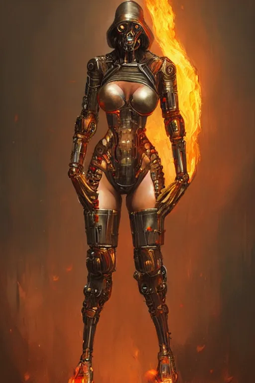 Prompt: Fire Bikini Armor, cybernetic, digital illustration, trending on artstation, professional art by Seb McKinnon and WLOP and ArtGerm