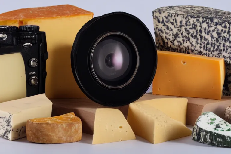 Image similar to a camera made of various types of cheese, Photo, photorealistic, details, studio lights