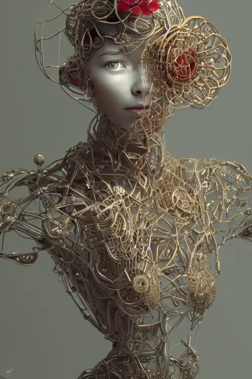 Prompt: a melancholic realistic 8k Sculpture of a complex robotic human face, liquid simulation, dramatic lighting, silver gold red details, hexagonal mesh wire, filigree intricate details, cinematic, fleshy musculature, white blossoms, elegant, octane render, art nouveau, 8k post-processing, intricate artwork by peter mohrbacher