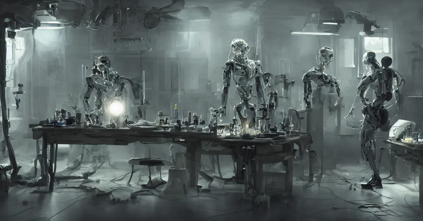 Image similar to realistic image from scifi movie with old doctor creating new humanoid robots in his laboratory, table with scifi tools, reflections, volumetric fog light, dark atmosphere, dramatic cinematic composition, depth, defocus, rendered in vray, raytracing, raymarching, by ilm, digital domain, weta digital