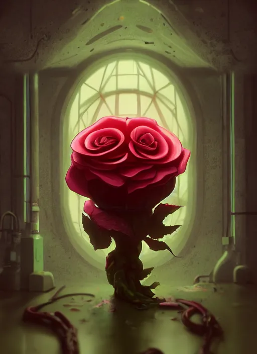 Image similar to anthropomorphic rose in a toxic waste lab, naturel, hyper detailed, digital art, trending in artstation, cinematic lighting, studio quality, smooth render, unreal engine 5 rendered, octane rendered, art style by klimt and nixeu and ian sprigger and wlop and krenz cushart.