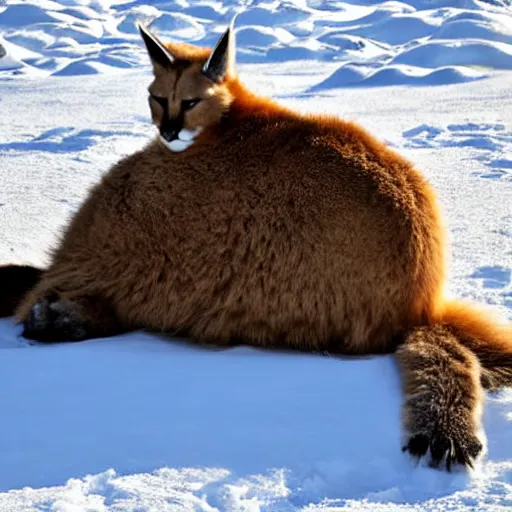 Image similar to fullbody photo still of sleepy fat chubby caracal, lying sleeping on snowy ice, big stomach, fullbody, sunny winter day