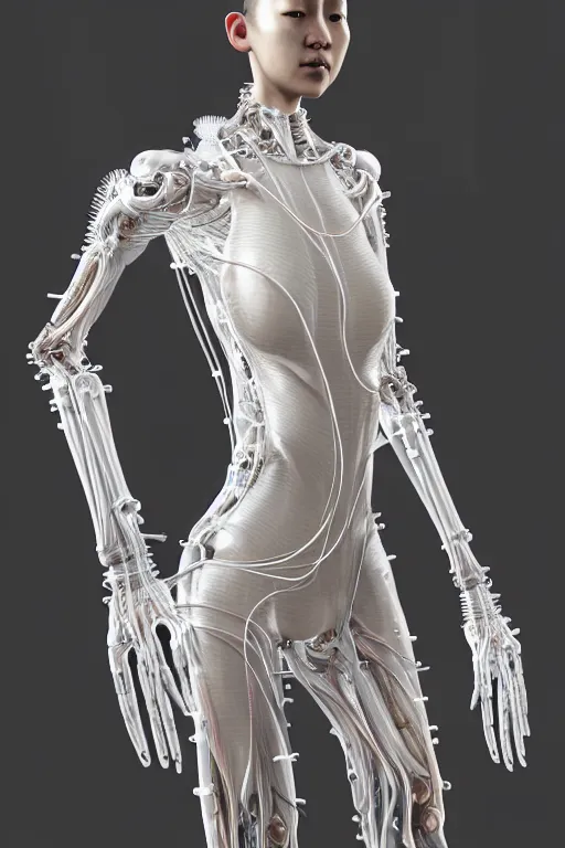 Image similar to young asian woman, iris van herpen, perfect symmetrical body, full body shot, inflateble shapes, wires, tubes, veins, jellyfish, white biomechanical details, wearing epic bionic cyborg implants, masterpiece, intricate, biopunk, vogue, highly detailed, artstation, concept art, cyberpunk, octane render