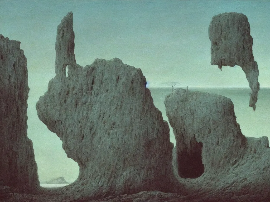 Image similar to Giant crystal rocks at the edge of a sandy beach. Mirror skull cave. Desolate, looming, trenchant, abyss. Painting by Caspar David Friedrich, Beksinski