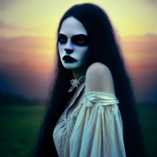 Image similar to photographic portrait of a stunningly beautiful gothic female tearful in soft dreamy light at sunset, contemporary fashion shoot, by edward robert hughes, annie leibovitz and steve mccurry, david lazar, jimmy nelsson, breathtaking, 8 k resolution, extremely detailed, beautiful, establishing shot, artistic, hyperrealistic, beautiful face, octane render