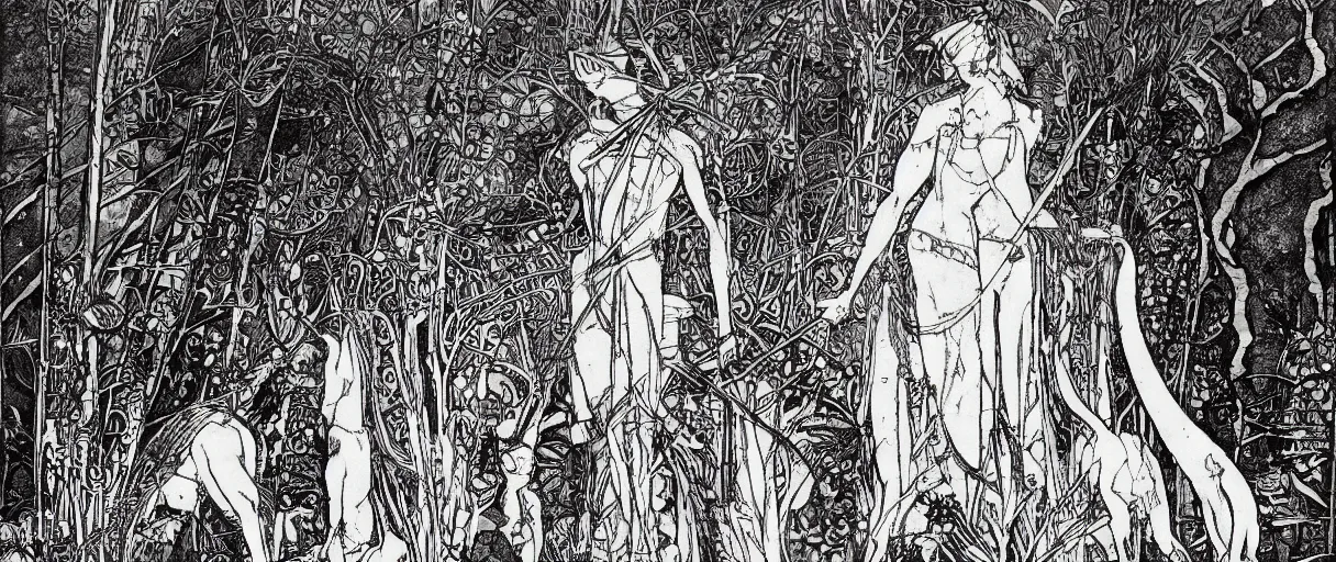 Image similar to A beautiful illustration of a civilization of anthropomorphic Feline warriors by Harry Clarke | Graphic Novel, Visual Novel, Colored Pencil, Comic Book:.3 | unreal engine:.5 | establishing shot