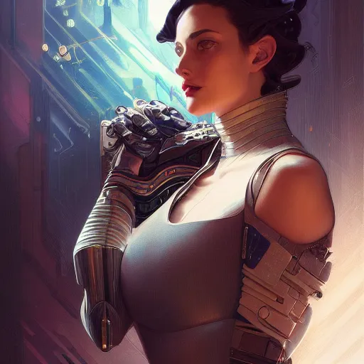 Image similar to portrait of a cyberpunk art deco girl, sci-fi, fantasy, intricate, elegant, highly detailed, digital painting, artstation, smooth, sharp focus, illustration, art by artgerm and greg rutkowski and alphonse mucha