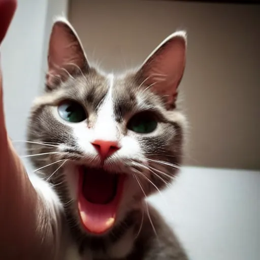 Prompt: selfie of a cute cat showing tongue