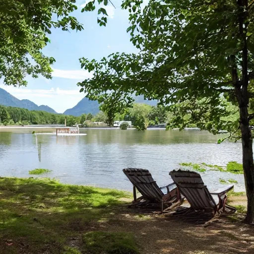 Image similar to A cottage on a river bank Surrounded by trees and mountains in the background and beach chairs in the foreground