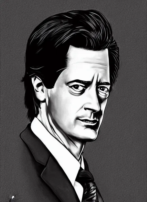 Prompt: portrait of kyle maclachlan as dale cooper by pete lloyd