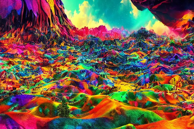 Image similar to a very beautiful crazy colorful landscape photo of a secret civilization, hyperdetailed, cinematic masterpiece